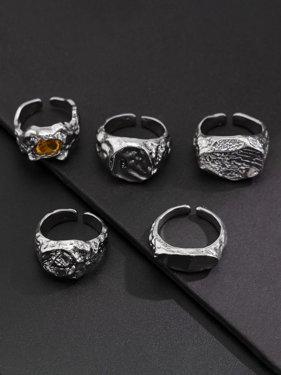 Men Set Of 5 Silver-Plated Stones-Studded Adjustable Finger Rings