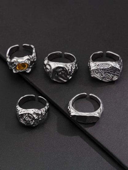 Men Set Of 5 Silver-Plated Stones-Studded Adjustable Finger Rings