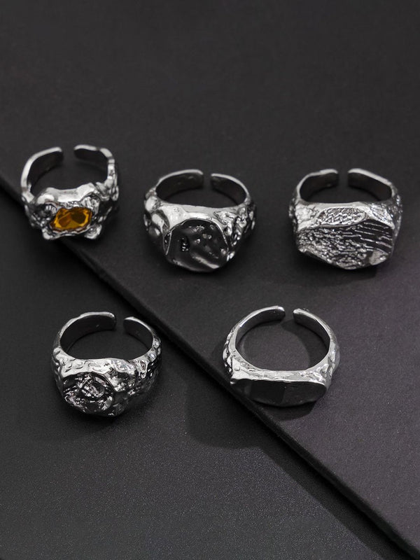 Men Set Of 5 Silver-Plated Stones-Studded Adjustable Finger Rings