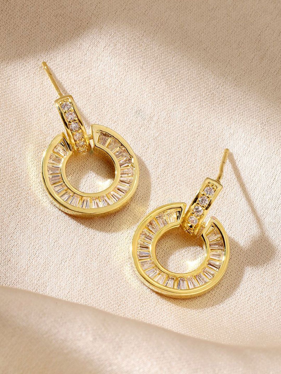 SALTY Gold-Plated Crystals Studded Contemporary Tasselled Half Hoop Earrings