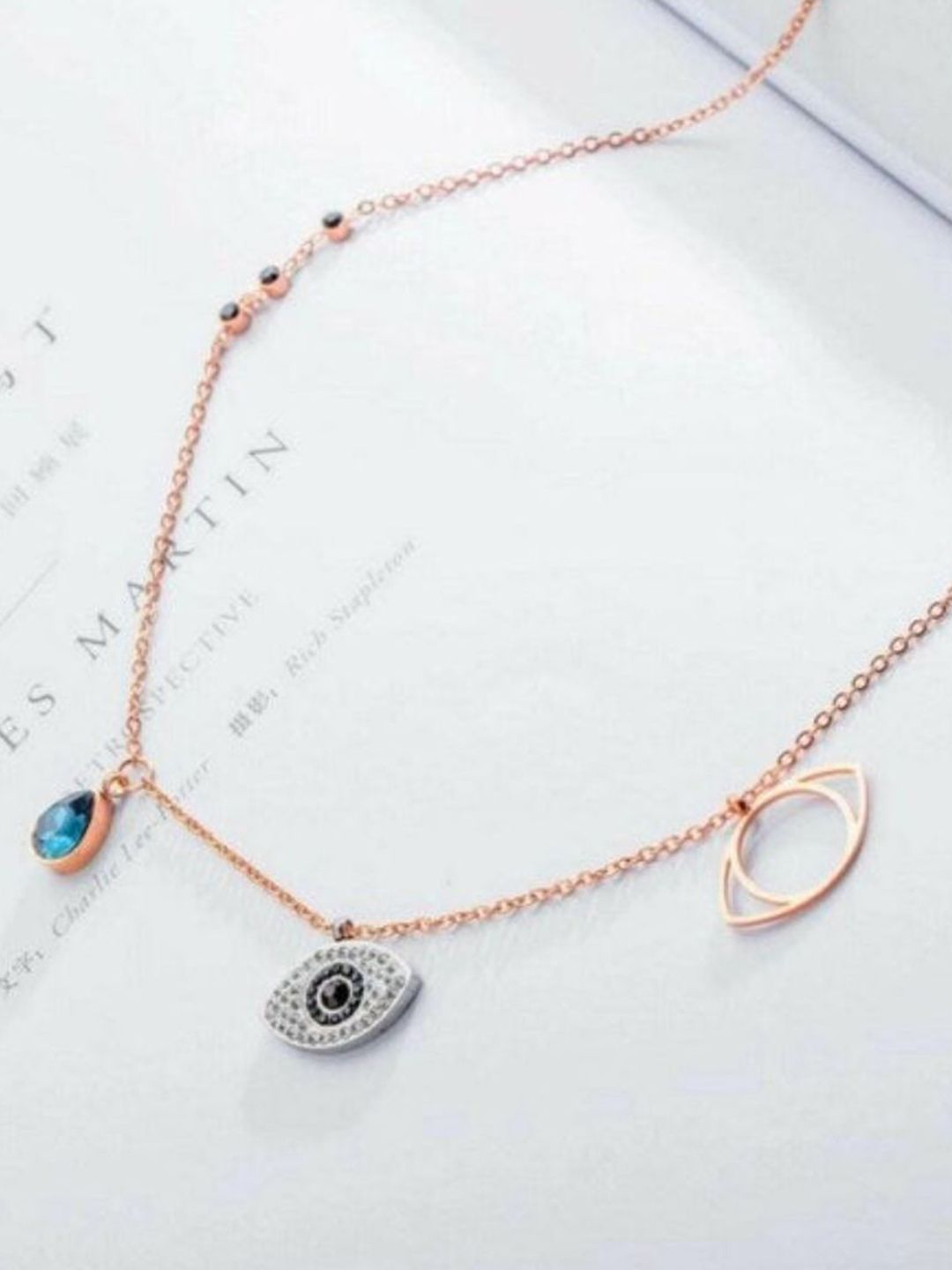 SALTY Rose Gold Plated Stones Studded Evil Eye Pendant & Ring Jewellery Set