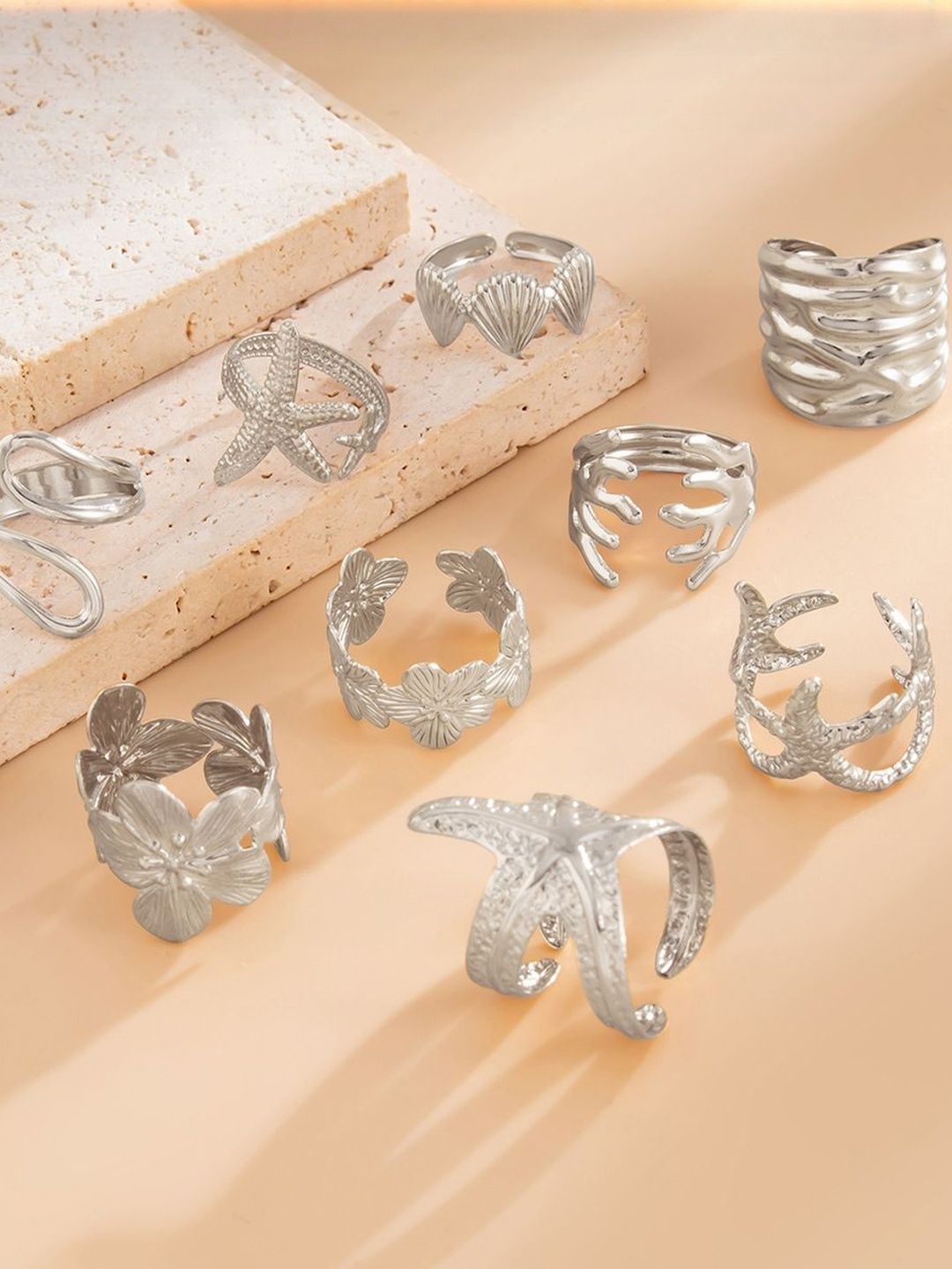 Women Set Of 9 Silver-Plated Adjustable Finger Rings