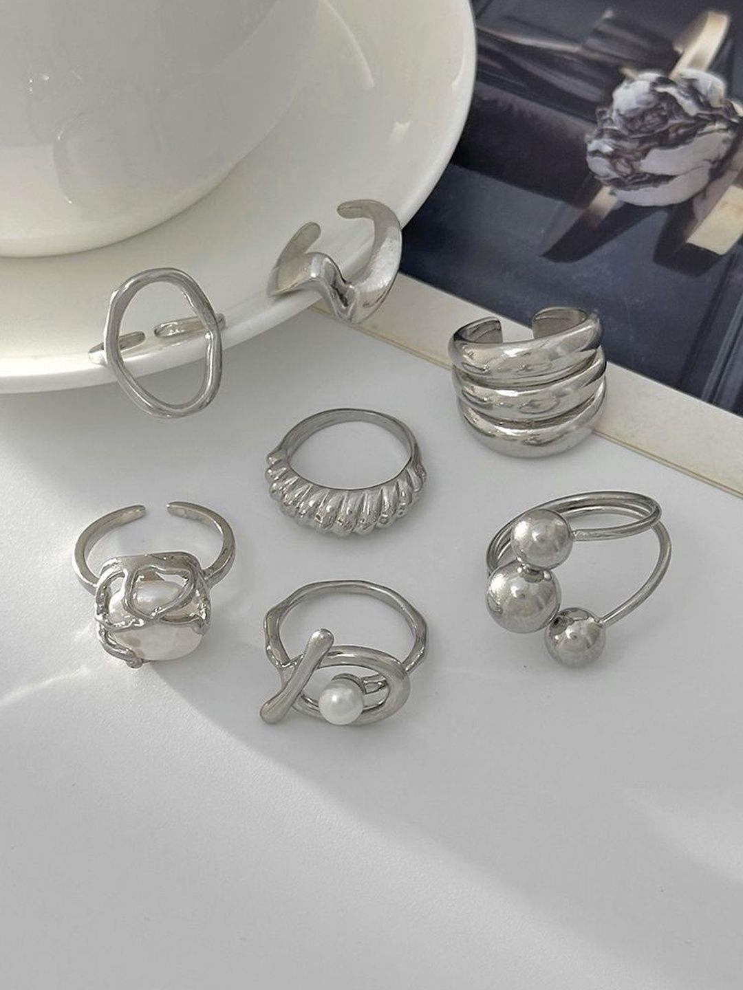 Set Of 7 Silver-Plated Finger Rings