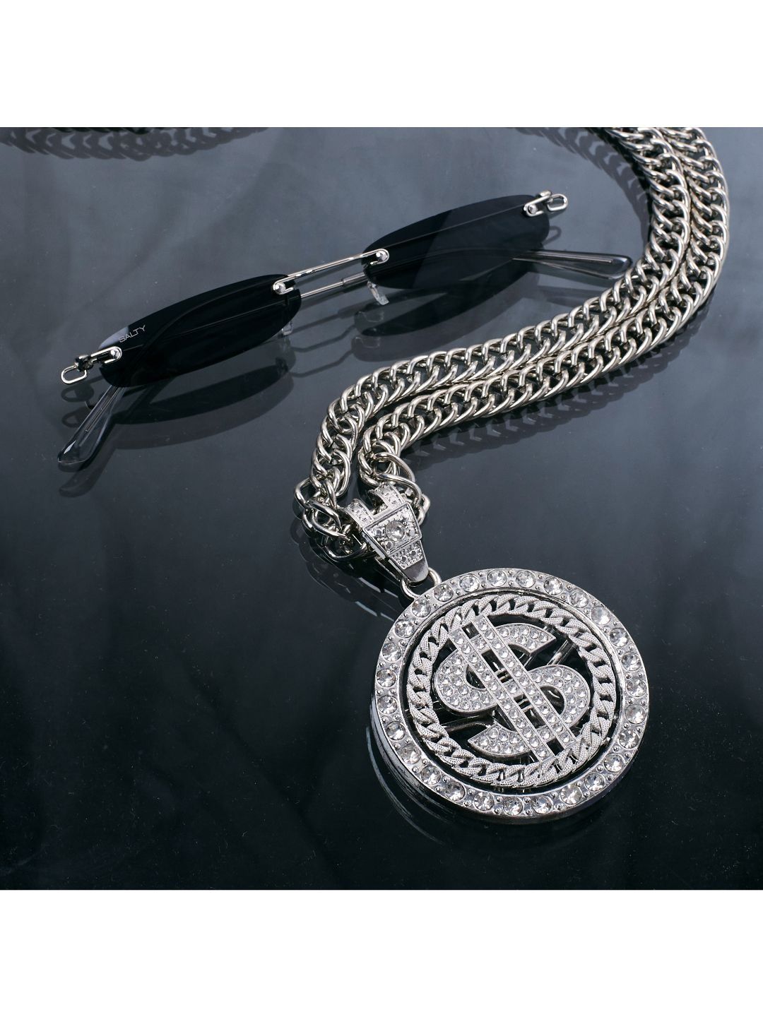 SALTY Stone Studded Circular Pendant With The Dollar Sign Chain & Micro Sunglasses