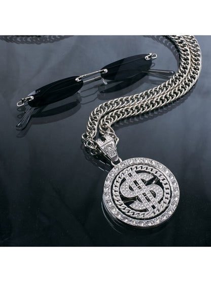SALTY Stone Studded Circular Pendant With The Dollar Sign Chain & Micro Sunglasses