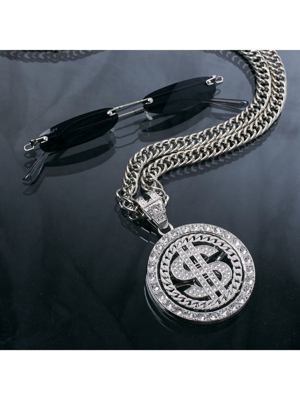 SALTY Stone Studded Circular Pendant With The Dollar Sign Chain & Micro Sunglasses