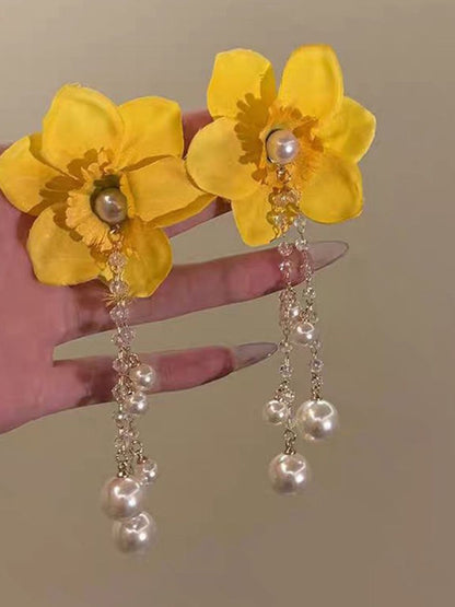 Floral Artificial Stones and Beads Drop Earrings