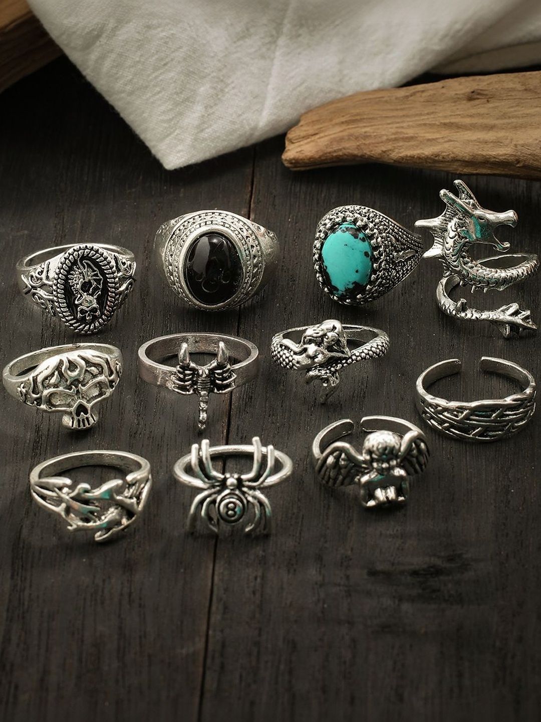 Men Set Of 11 Silver-Plated Stone-Studded Finger Ring