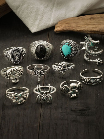 Men Set Of 11 Silver-Plated Stone-Studded Finger Ring