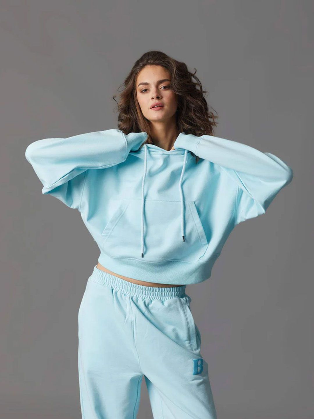 Women Blue Crop Hoodie Pullover Sweatshirt