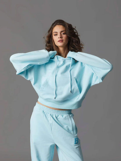 Women Blue Crop Hoodie Pullover Sweatshirt