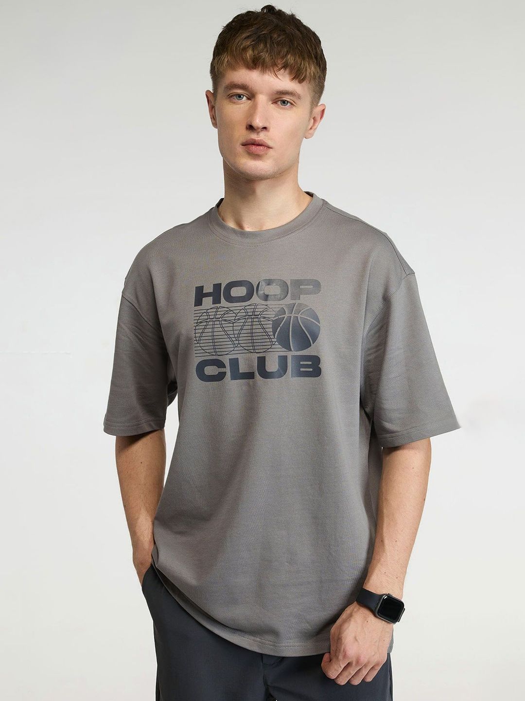 Men Grey Certified Hoopers Oversized Printed Cotton Tee
