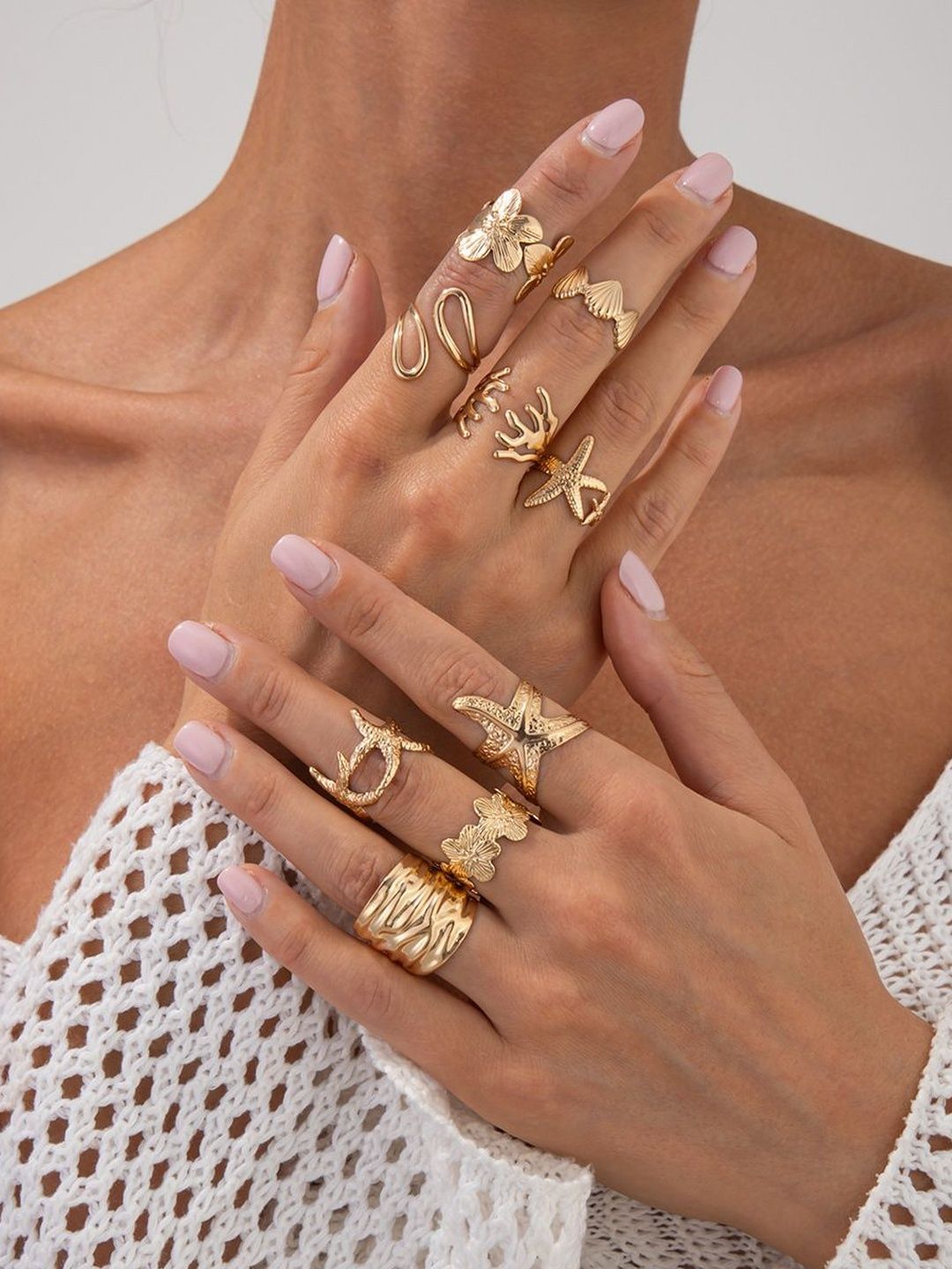Women Set Of 9 Gold-Plated Finger Rings