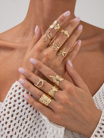 Women Set Of 9 Gold-Plated Finger Rings