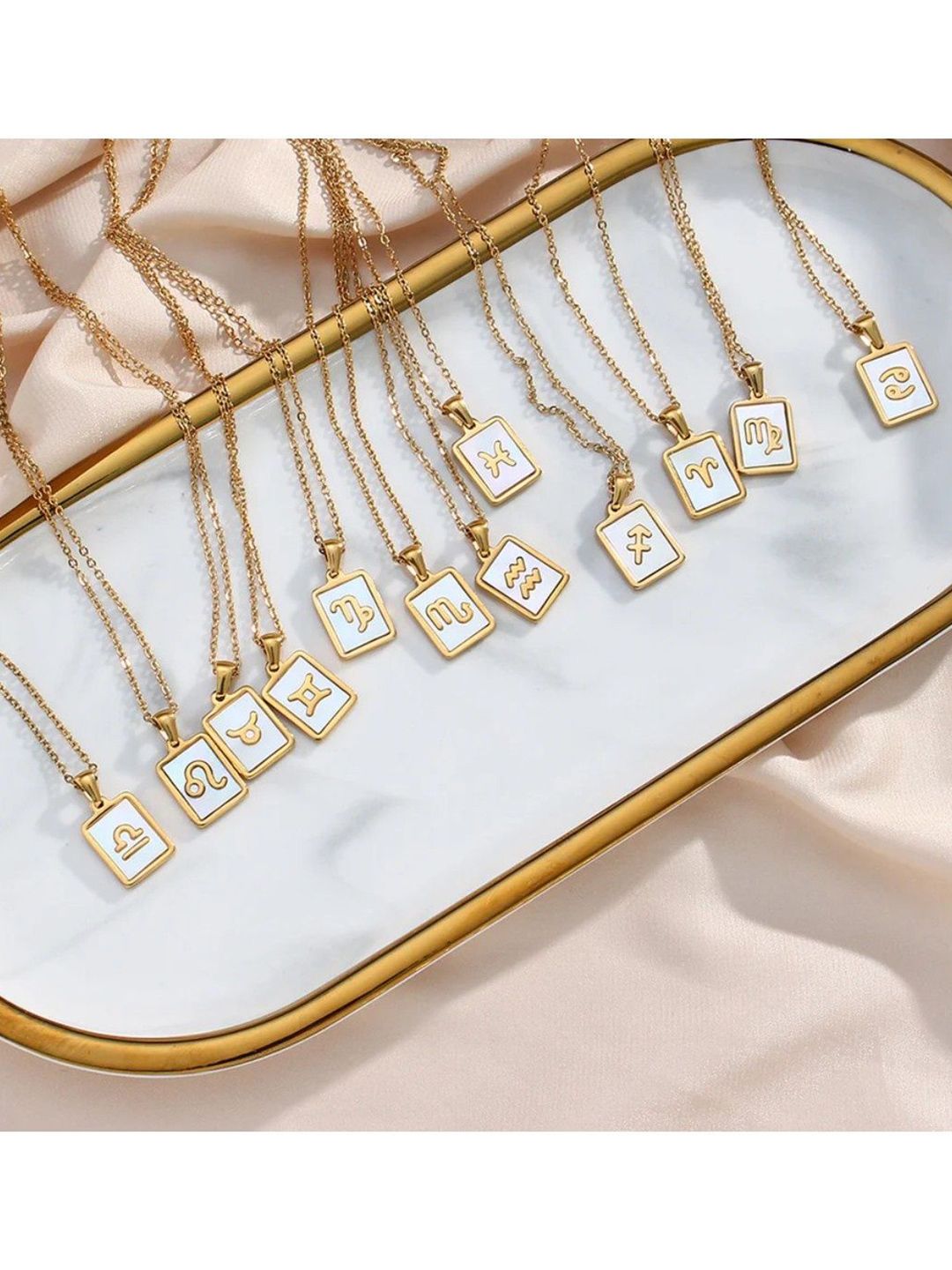 SALTY SALTY Gold & White Sign of the Stars Zodiac Aquarius Pendant With Chain