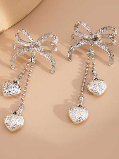 Silver-Plated Artificial Stones Studded & Beaded Heart Drop Earrings