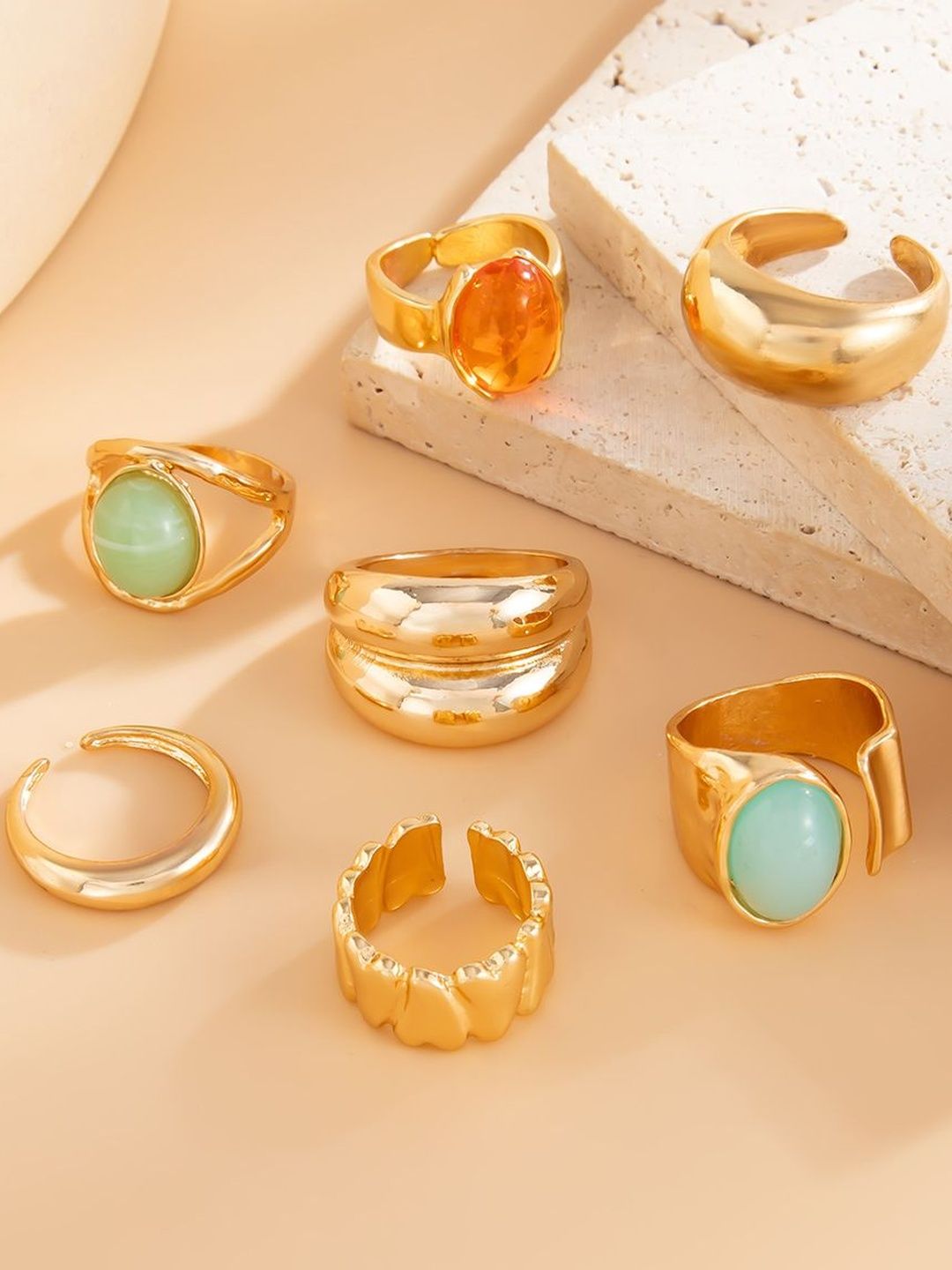 Women Set Of 7 Gold-Plated Stones Studded Adjustable Finger Rings