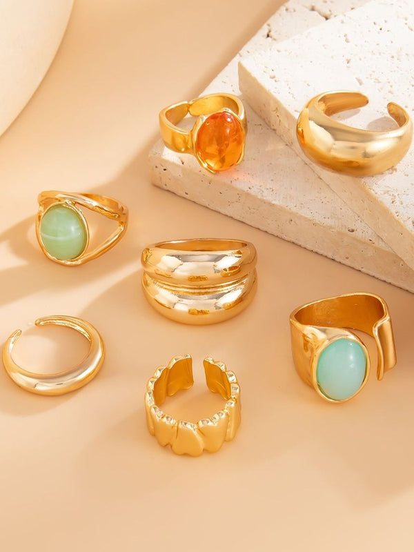 Women Set Of 7 Gold-Plated Stones Studded Adjustable Finger Rings