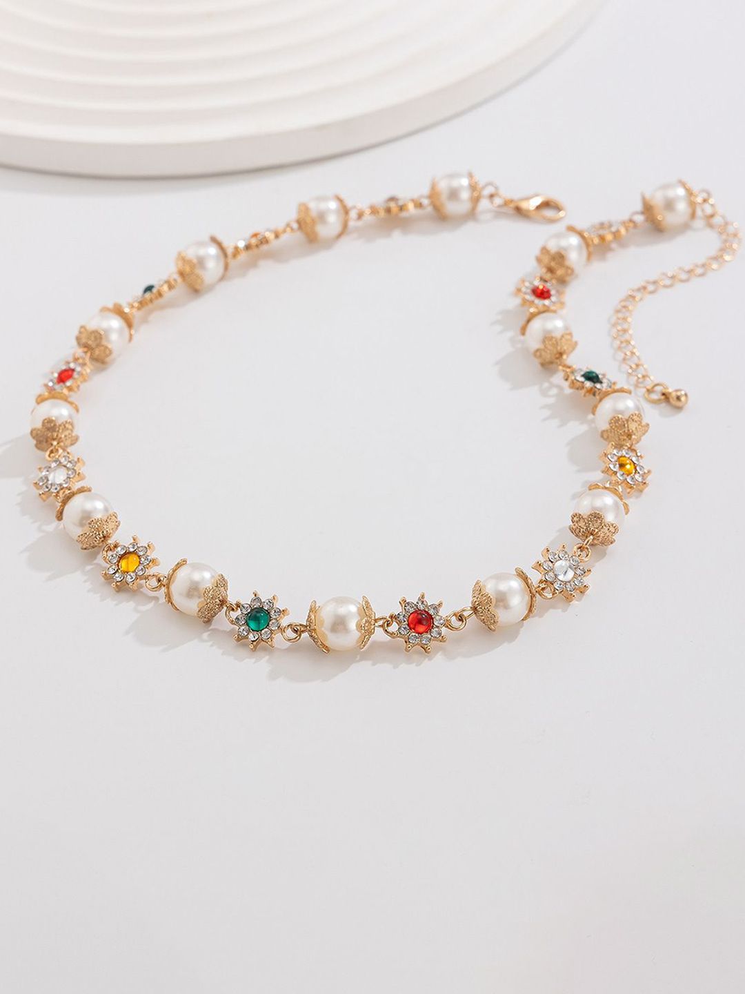 Gold-Plated Artificial Stones Studded & Pearls Beaded Necklace