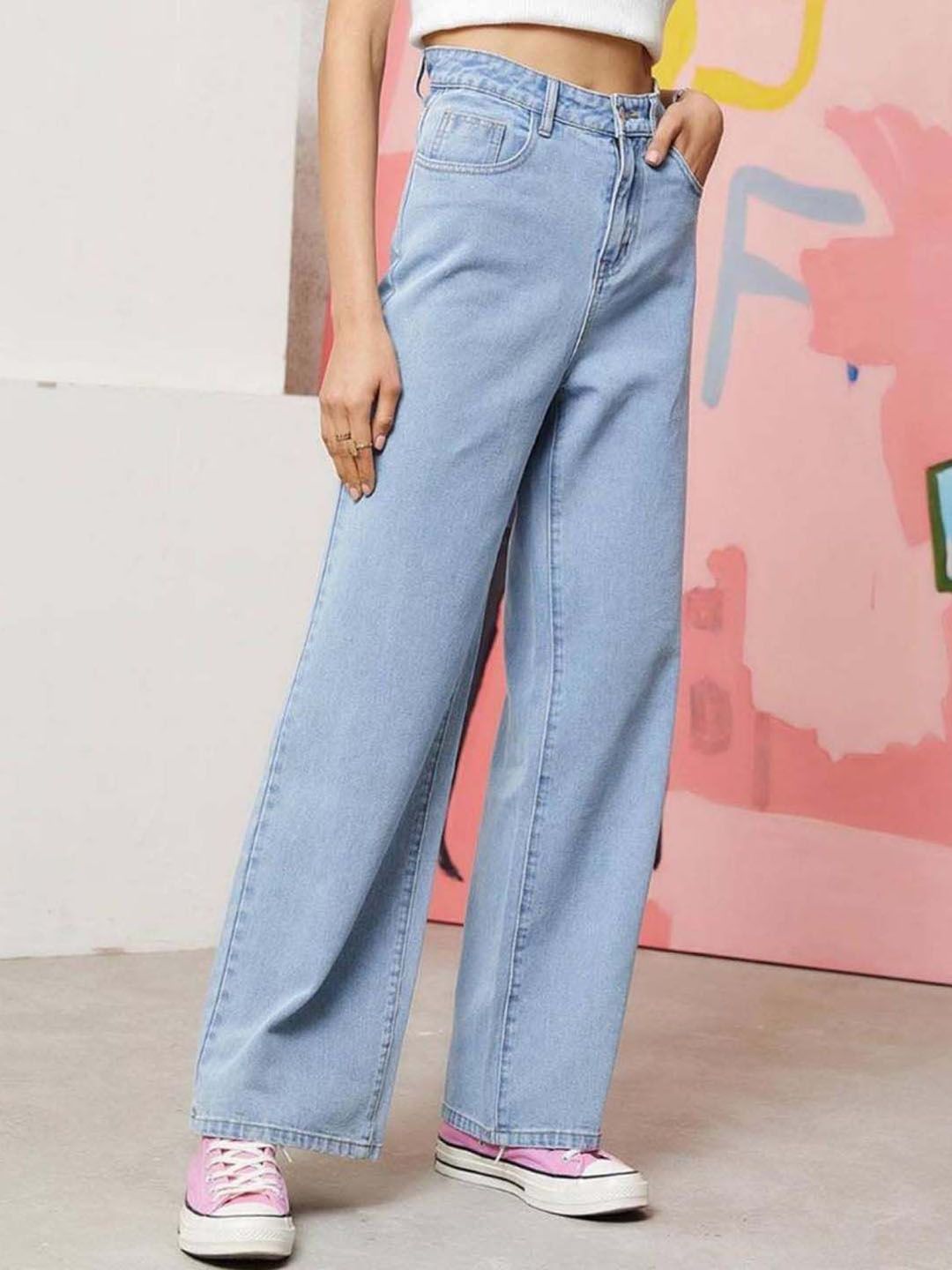 Women Wide Leg High-Rise Pure Cotton Jeans