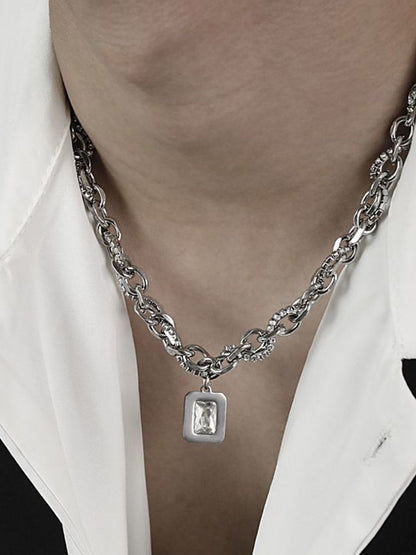 Silver-Plated Artificial Stone Studded Stainless Steel Statement Chain