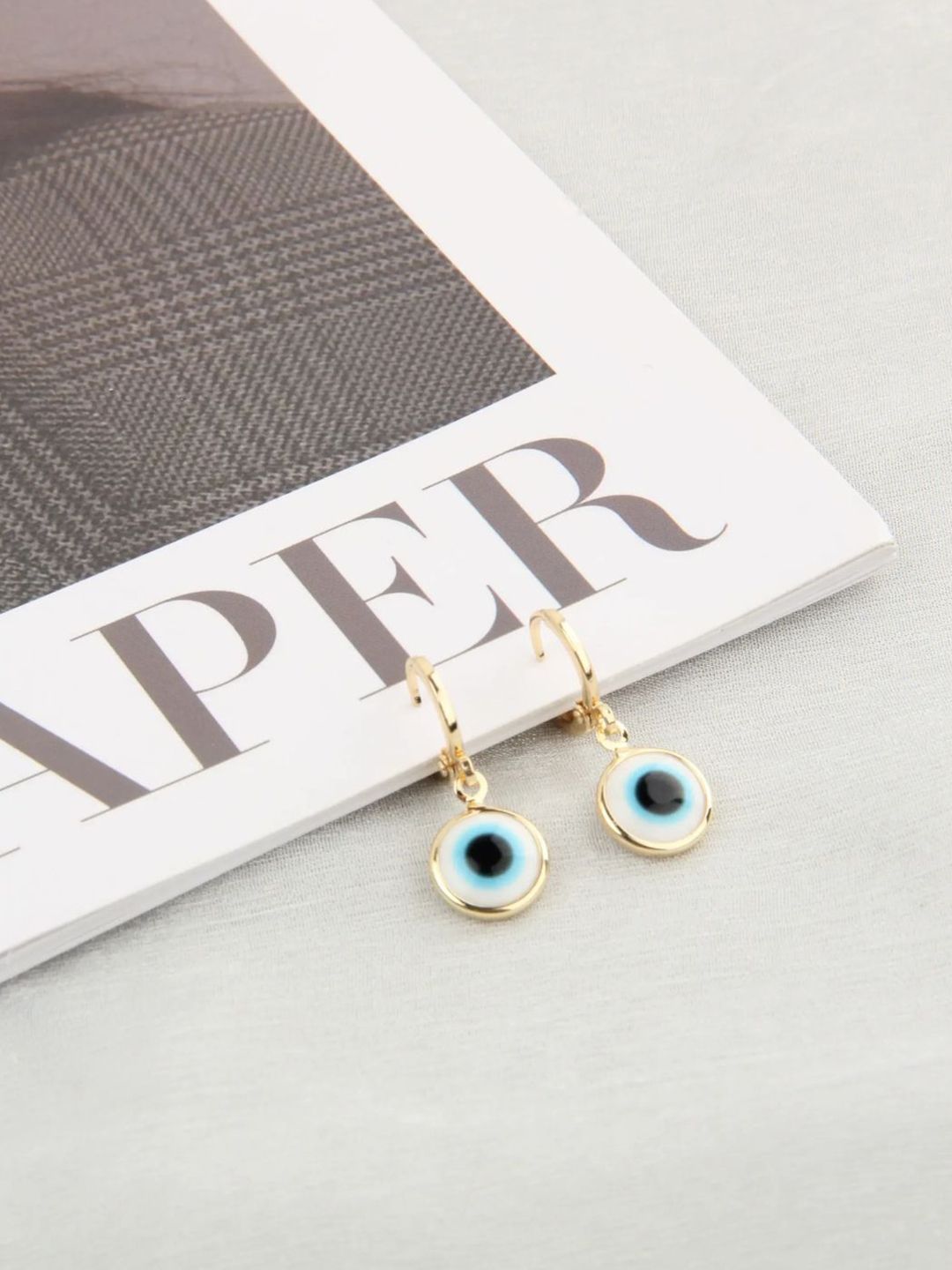 SALTY Pack of 2 Women Evil Eyes Gold Brim Wind Drop Earrings - Light Blue