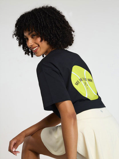 Women Black Courtside Oversized Printed Cotton-Spandex Tee