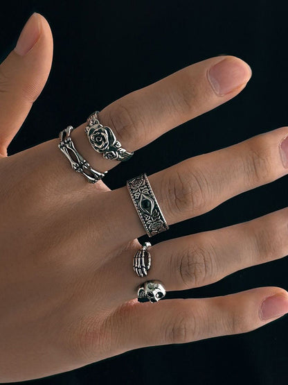Set of 4 Silver-Plated Stone-Studded Adjustable Finger Ring