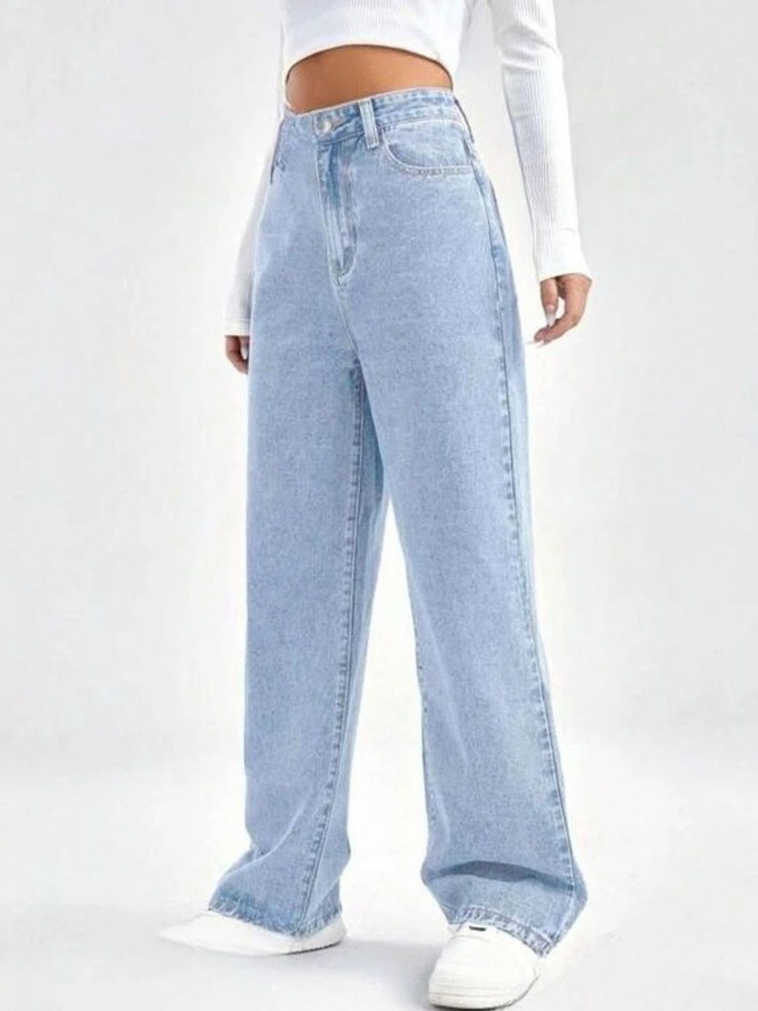 Women Classic Wide Leg High-Rise Light Fade Stretchable Jeans