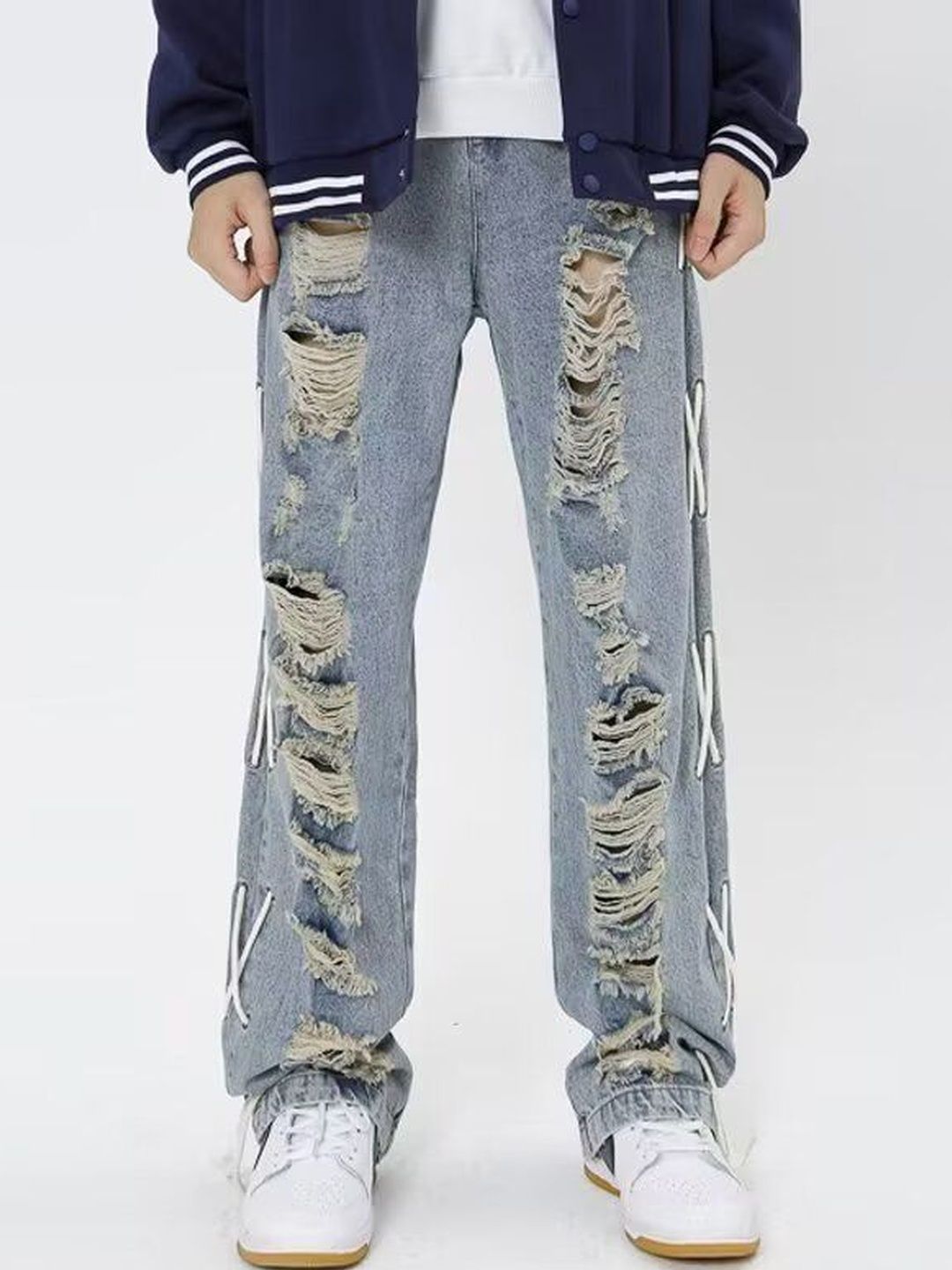 Men Baggy Fit Mid-Rise Highly Distressed Medium Shade Jeans
