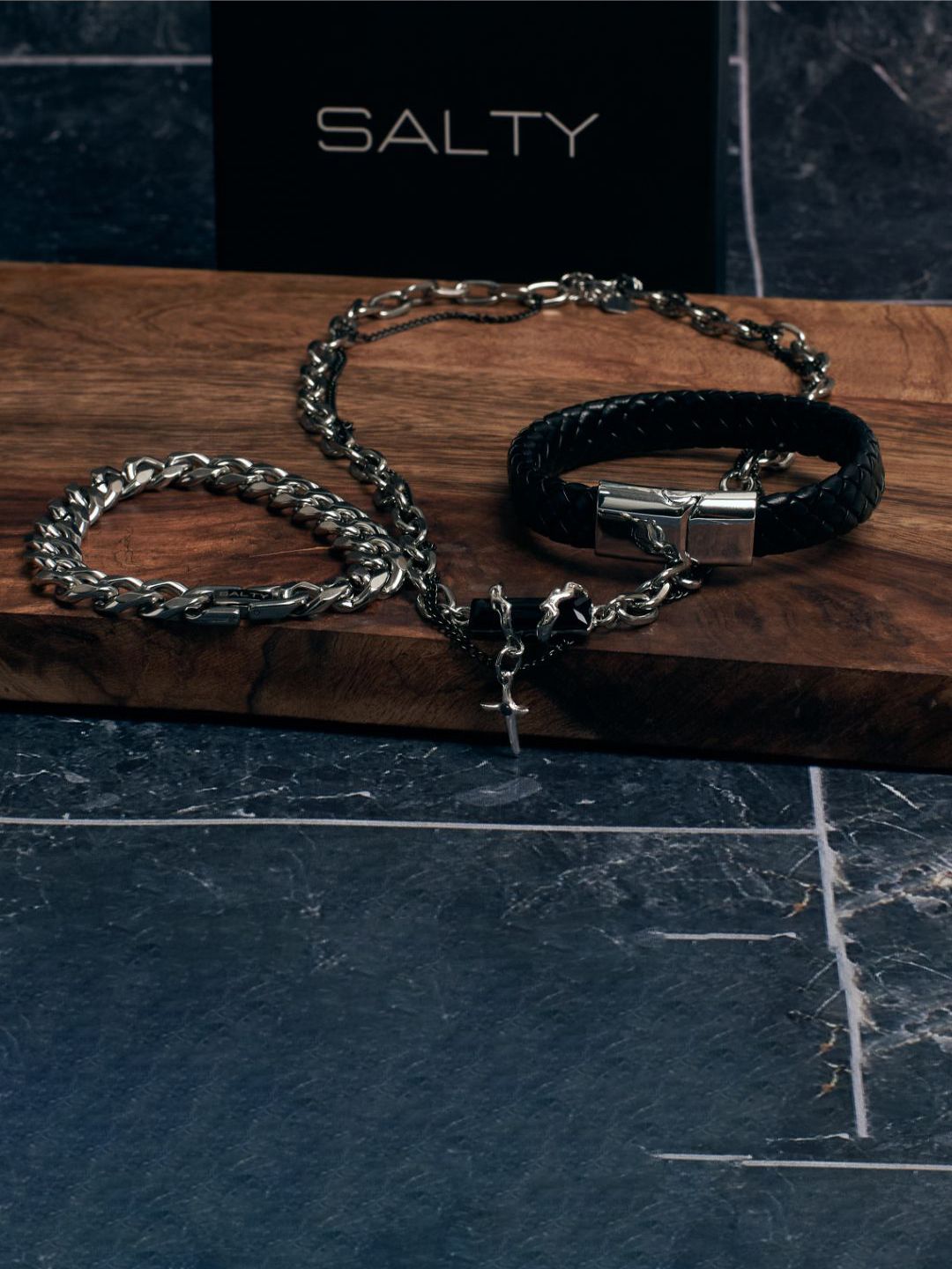 SALTY Men Stainless Steel Crucible Cross Layered Chain And Bracelet Set