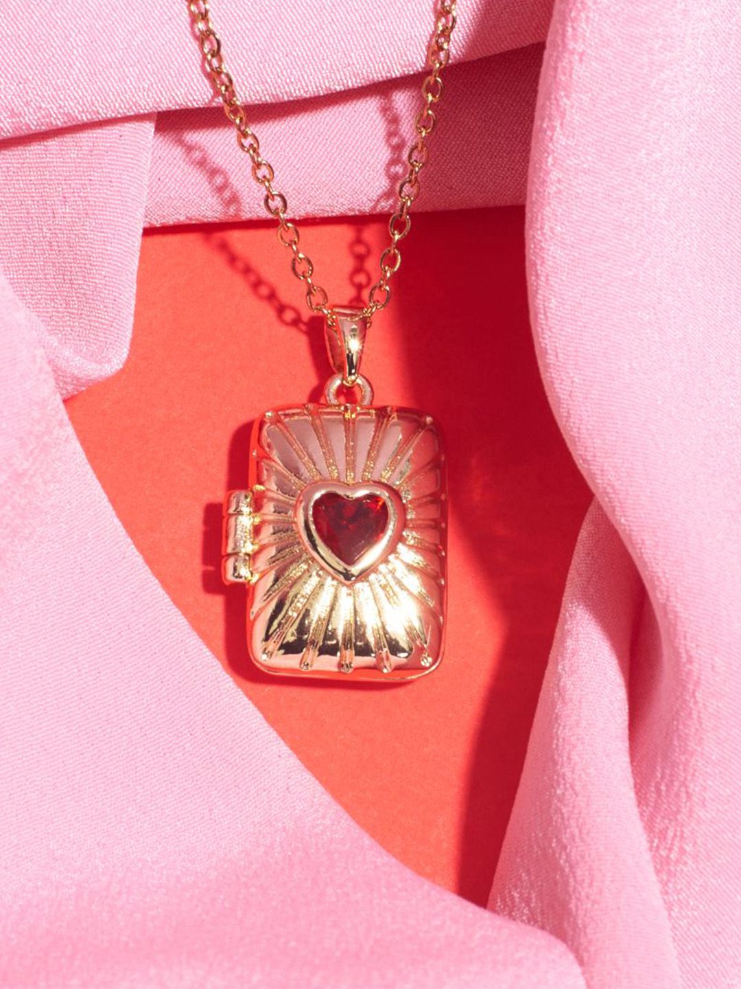 SALTY Sunburst Red Heart Pendant With Neck Chain For Women & Girls