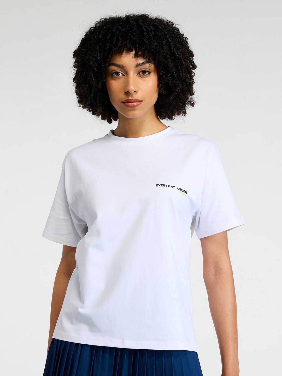 Women White Courtside Oversized Printed Cotton-Spandex Tee