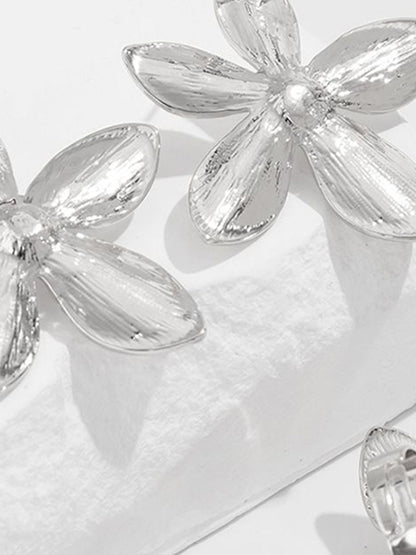 Set Of 2 Silver Plated Beaded Floral Shaped Studs with Finger Ring