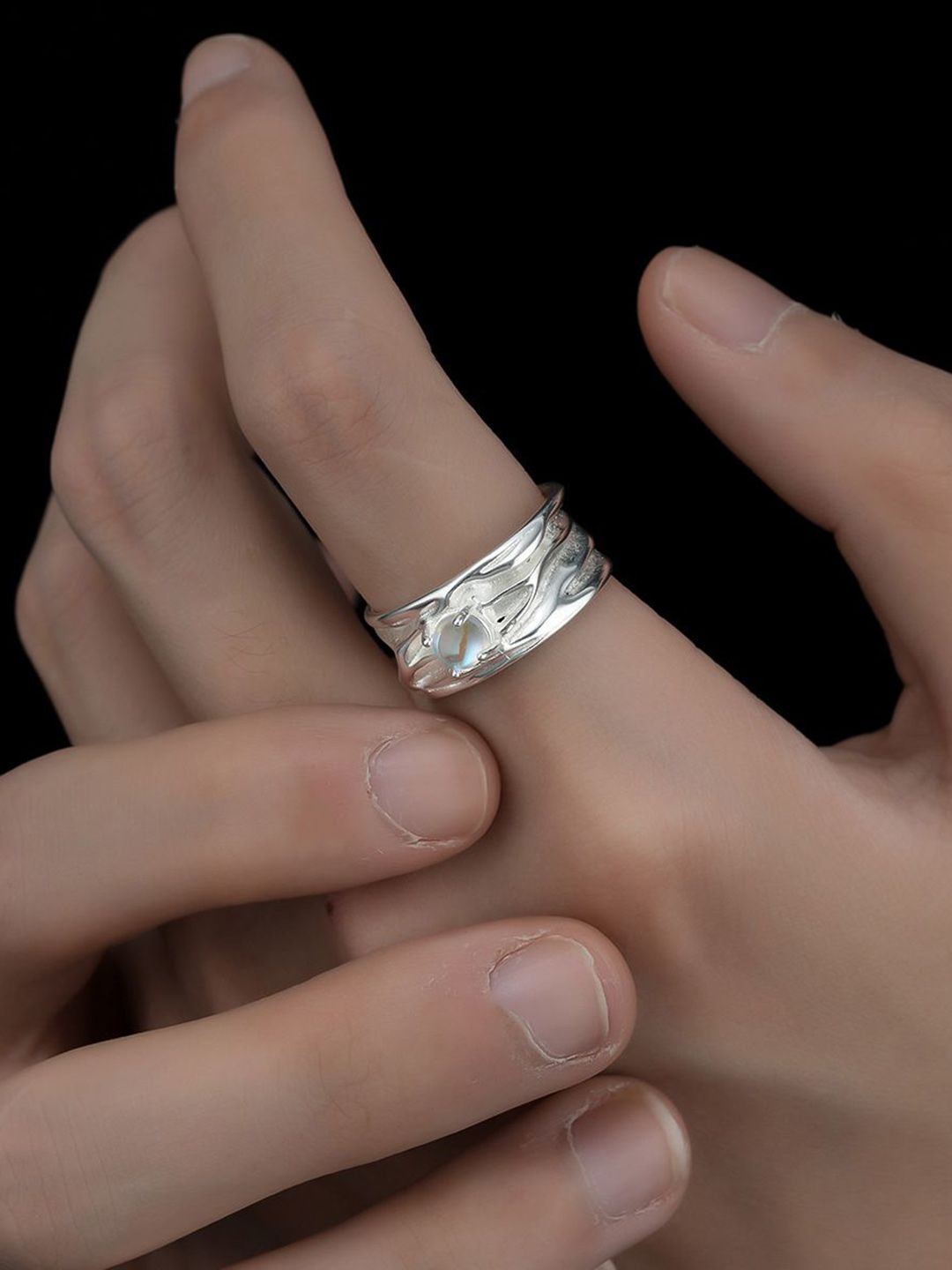 Men Silver-Plated Stone-Studded Textured Adjustable Finger Ring