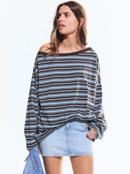 Printed asymmetric neck long sleeve T-shirt
