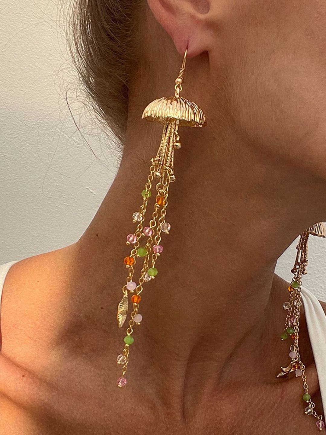 Gold Plated Artificial Beaded Contemporary Drop Earrings
