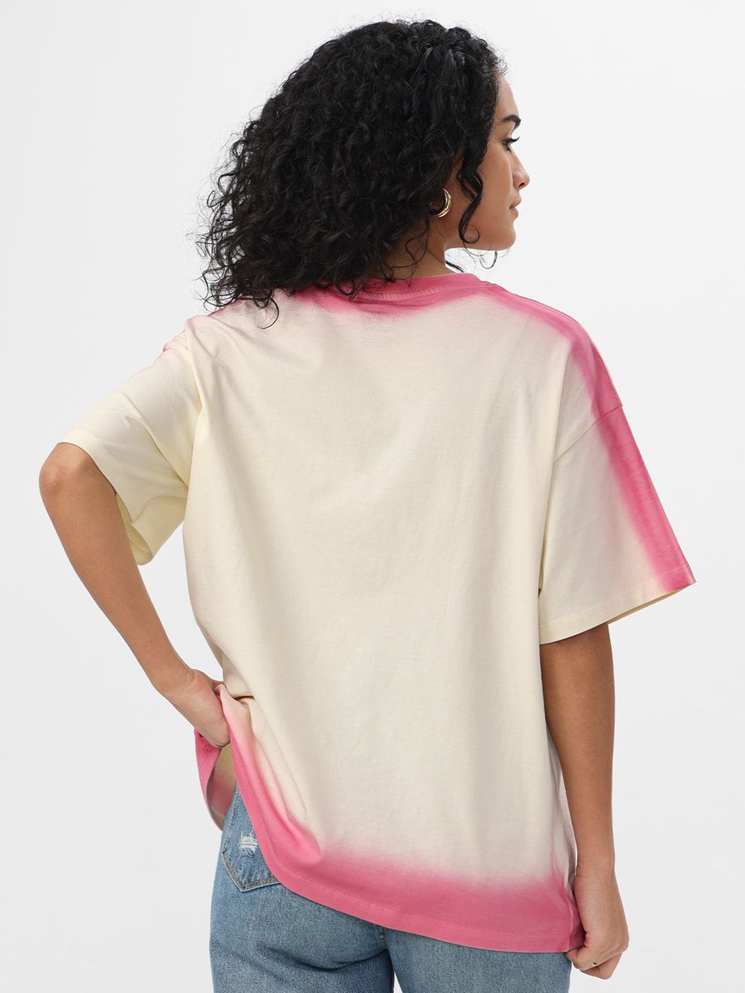 Women Oversized Fit Printed Cream T-Shirts