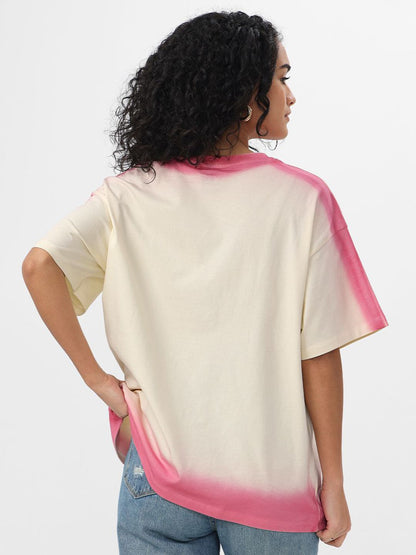 Women Oversized Fit Printed Cream T-Shirts