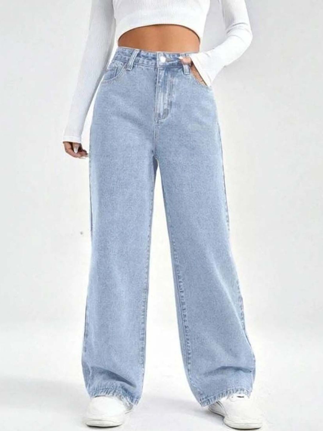 Women Classic Wide Leg High-Rise Light Fade Stretchable Jeans