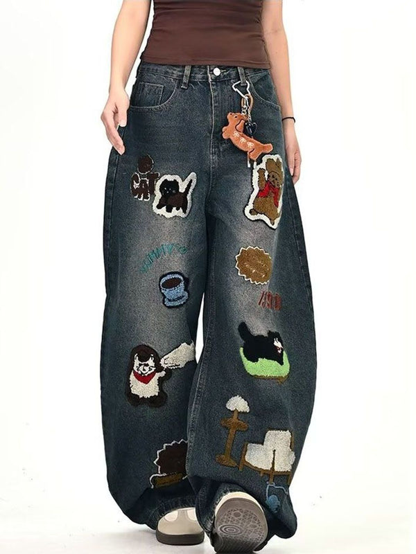 Men Wide Leg Mid-Rise Dark Applique Jeans