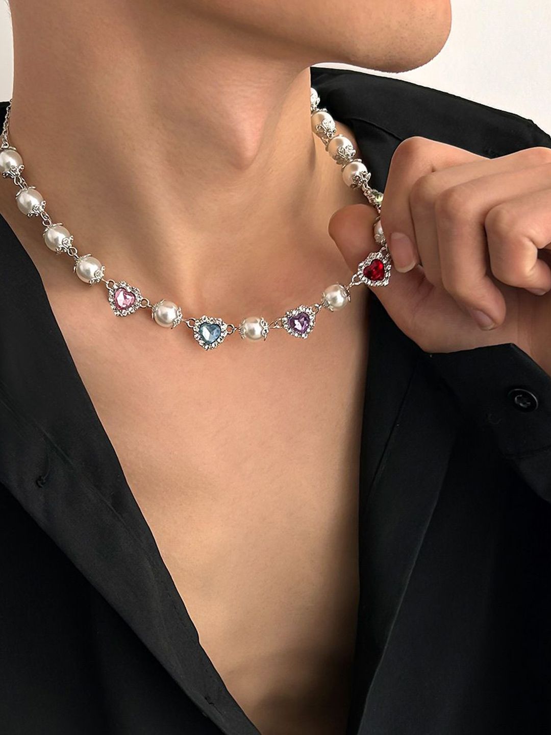 Silver-Plated Artificial Stones Studded And Beaded Necklace