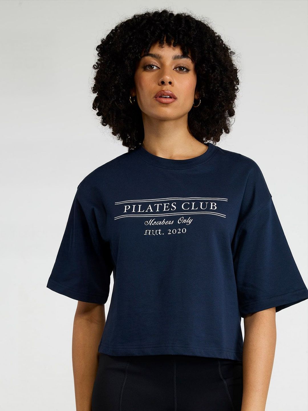 Women Navy Pilates Core Cropped Cotton Boxy Tee