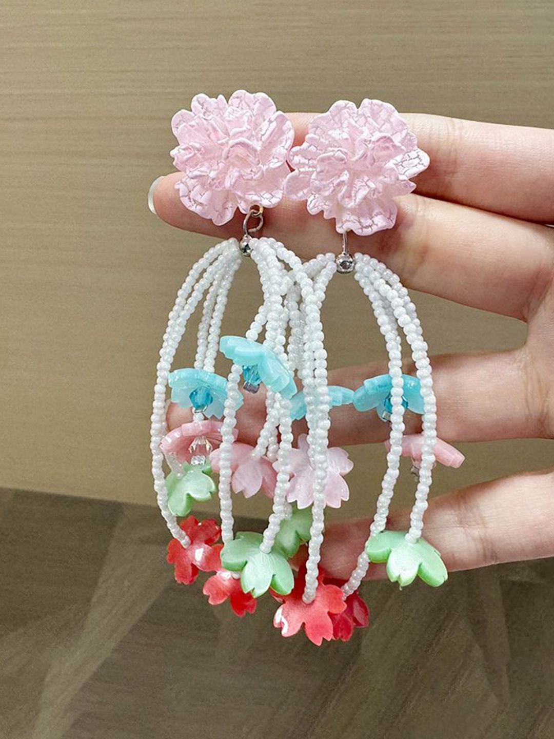 Artificial Beaded Floral Shaped Tasselled Drop Earrings