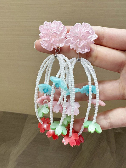 Artificial Beaded Floral Shaped Tasselled Drop Earrings