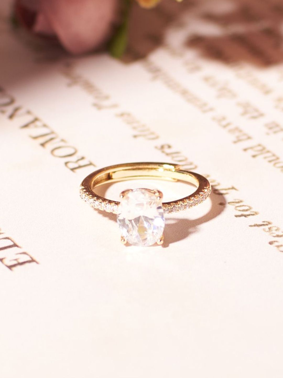 SALTY Golden Oval-Cut American Diamond Studded Ring For Women & Girls