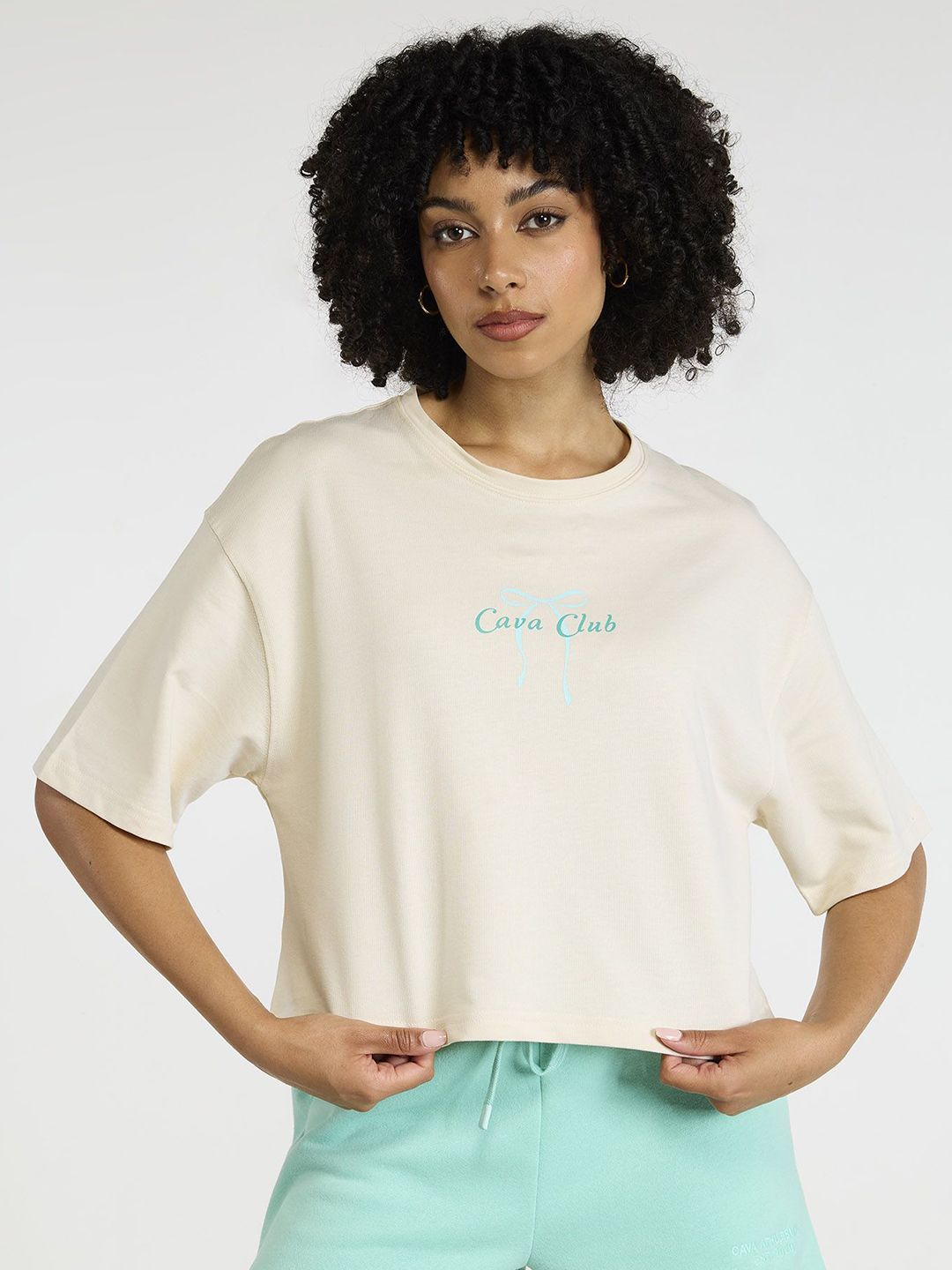 Women Cream Pilates Core Cropped Cotton Boxy Tee