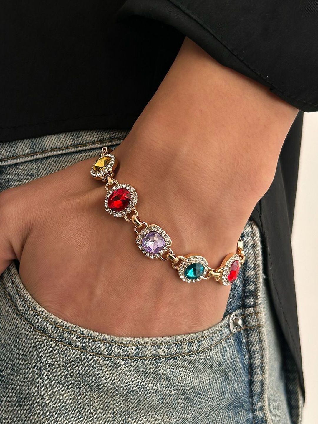 Men Gold-Plated Multicoloured Stone-Studded Link Bracelet