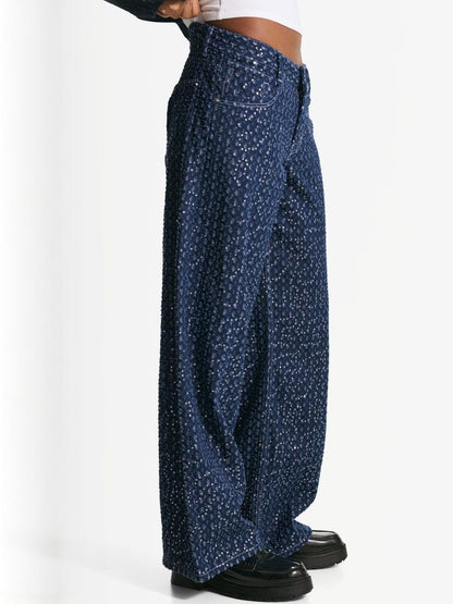 Women Wide Leg Mid-Rise Embellished Clean Look No Fade Medium Shade Jeans