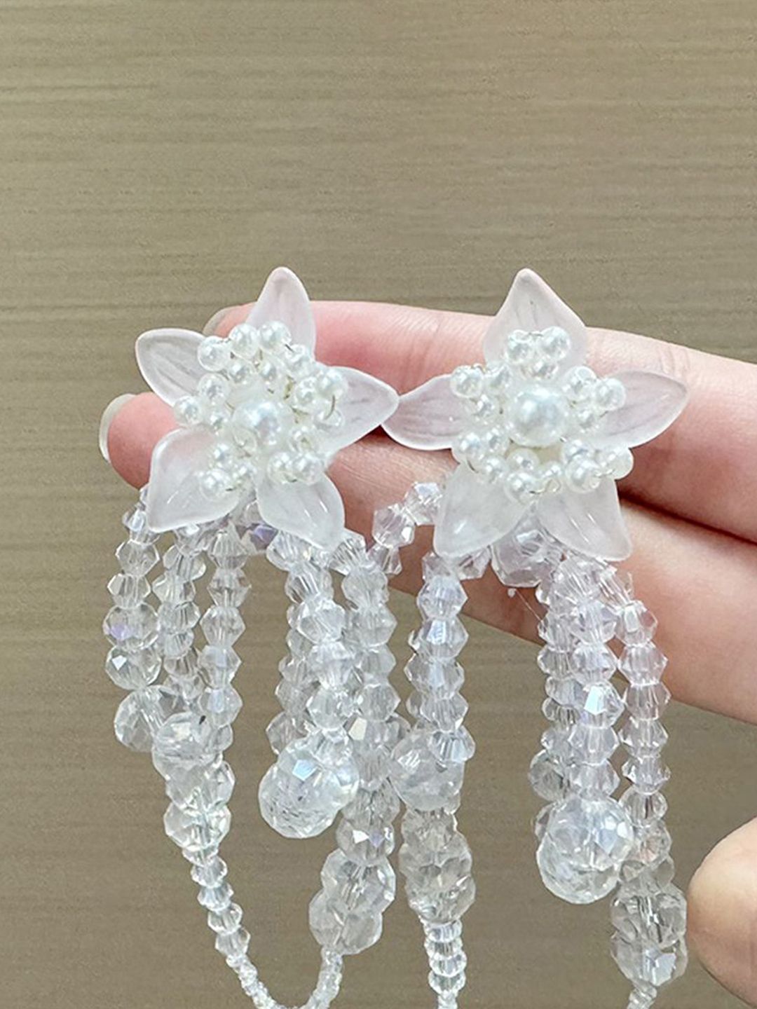 Artificial Beaded Floral Shaped Tasselled Drop Earrings
